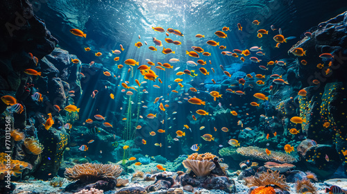 underwater coral reef landscape wide panorama background in the deep blue ocean with colorful fish and marine life © MMAJID