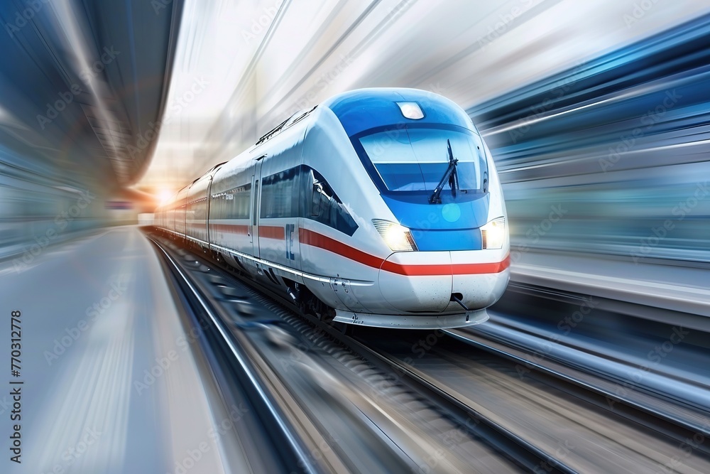 Fototapeta premium High-speed train in motion at the railway station at sunset.