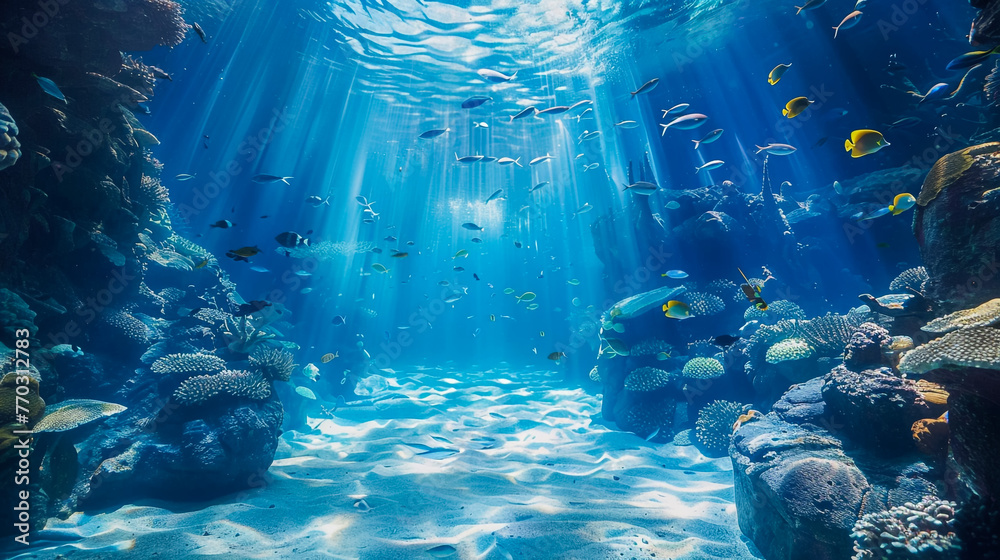 underwater coral reef landscape wide panorama background in the deep blue ocean with colorful fish and marine life - obrazy, fototapety, plakaty 