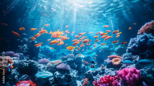 underwater coral reef landscape wide panorama background in the deep blue ocean with colorful fish and marine life © MMAJID