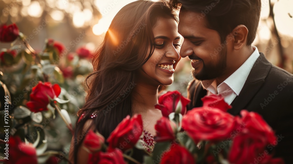 Love in Bloom: Indian Couple's Valentine's Day Proposal with Roses generative ai Love in Bloom: Indian Couple's Valentine's Day Proposal with Roses generative ai