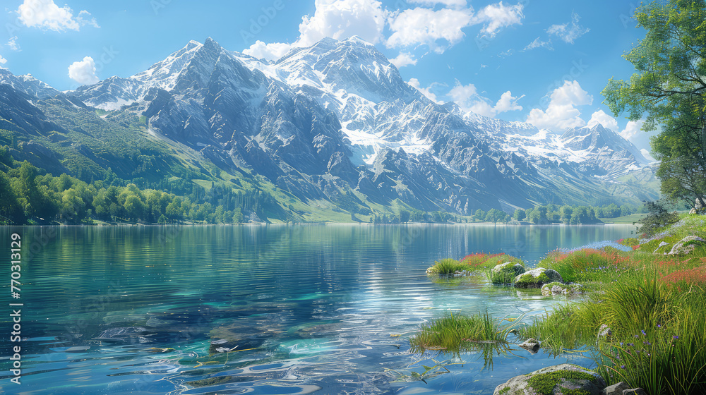 Alpine lake in the mountains. Created with Ai