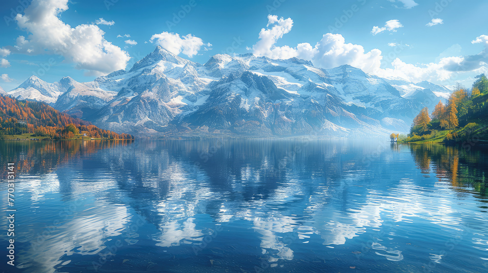 Fototapeta premium Beautiful view of lake with mountains and clouds. Created with Ai