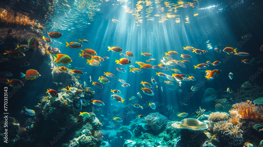 underwater coral reef landscape wide panorama background in the deep blue ocean with colorful fish and marine life - obrazy, fototapety, plakaty 