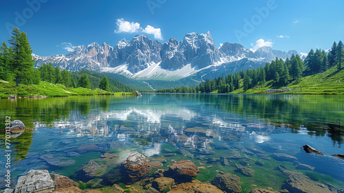 Beautiful lake landscape with mountains. Created with Ai photo