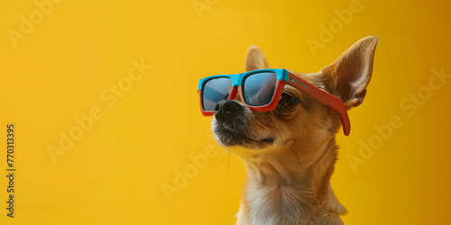 Cool pup sunglasses wearing dog stands out on yellow background © Haleema