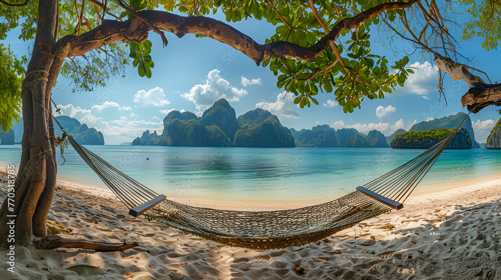 A beachside hammock with a view of the islands A beachside hammock with a view of the islands of the Bacuit Archipelago (El Nido, Philippines). Generative AI - obrazy, fototapety, plakaty 