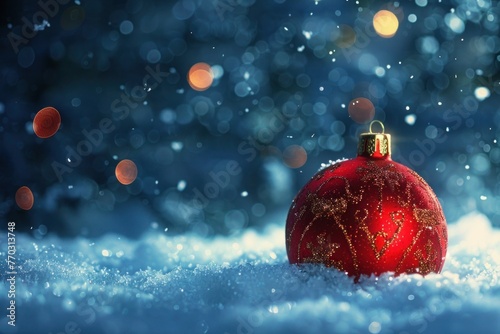 red christmas balls on snow