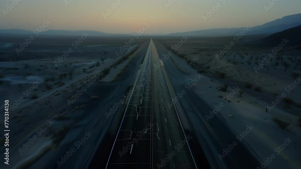 The barren desert stretches out on either side of the highway the silhouettes of cacti and rocks ly visible in the fading light. . AI generation.