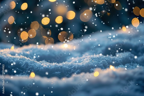 Beautiful background image with small snowdrifts close-up and blurry holiday lights © JetHuynh