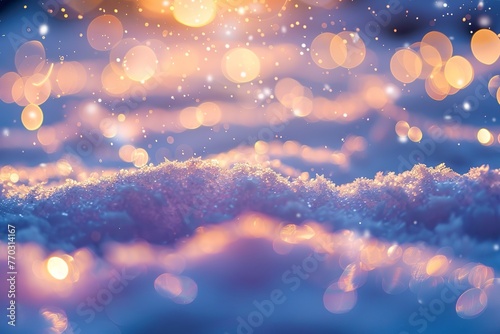 Beautiful background image with small snowdrifts close-up and blurry holiday lights