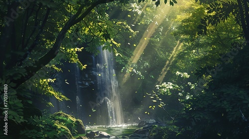 beautiful forest scene  waterfall in the woods  sun beams shine through the leaves  lush green foliage