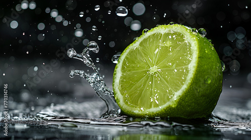 a lime with water splashing around it on a black Lime splash by juice, close-up. Lemon making splash in water, Generative Ai