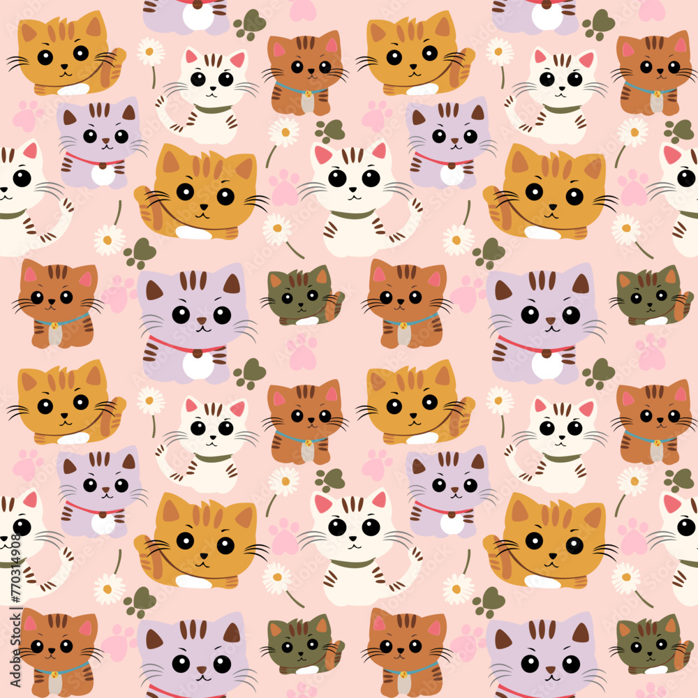Seamless pattern with kawaii cats on pink background.