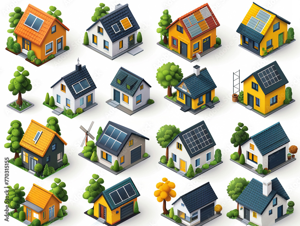 Stylized icon set featuring solar-powered houses, sun energy diagrams, and green living concepts, in bold colors