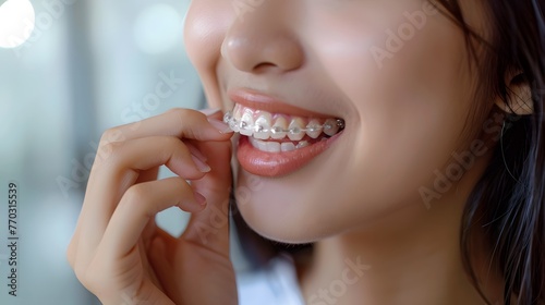 A woman is putting on a clear retainer to correct her smile.