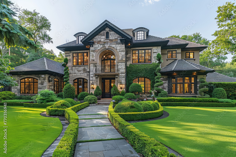 A stunning and elegant two-story, large white house with black trim, a shingle roof, stone walls, glass windows on the front porch and back deck. Created with Ai