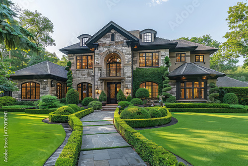 A stunning and elegant two-story, large white house with black trim, a shingle roof, stone walls, glass windows on the front porch and back deck. Created with Ai