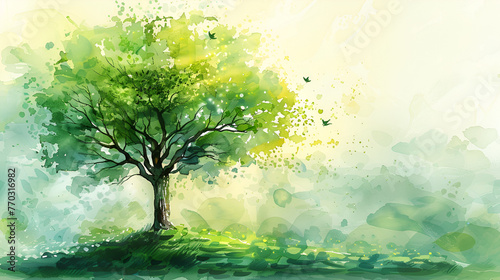 Watercolor set with cartoon tree  green grass lawn and bushes isolated on white background. Watercolor hand drawn illustration sketch  Generative Ai