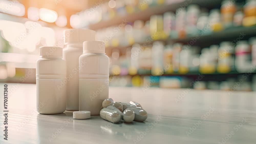 White pills and empty bottles on pharmacy table. Medicine and healthcare concept.
