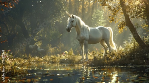 Beautiful white unicorn walks through forest. Magical animal from fairy tale. Magic creature with horn. Mystical wild horse from children fairytale. Green wood. Cute fantastical art illustration.