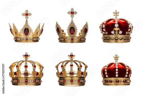 Set of Six Crown Jewels Adorned With Precious Gems. On a White or Clear Surface PNG Transparent Background.