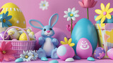 3D illustration for GT Digital Agency themed around Easter holidays. The illustration should feature Easter symbols such as eggs, bunnies, flowers, and Easter baskets. Generative AI illustration 