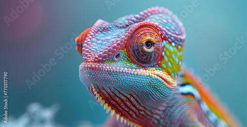 A colorful chameleon peering out from behind blurred bokeh. Created with Ai