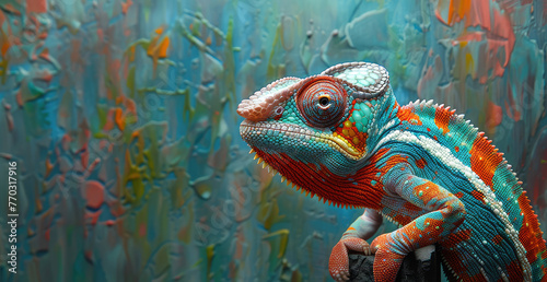 A colorful chameleon with its head raised  in a closeup shot against the background of blurred light blue bokeh lights. Created with Ai