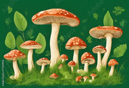 Edible mushrooms in a forest on green background photo
