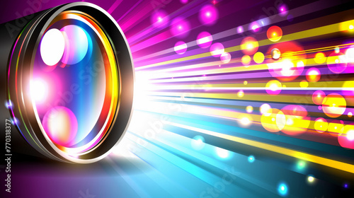 A colorful lens with a bright light shining through it. The light is surrounded by a colorful blur of light and dark spots