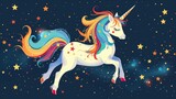 Beautiful white unicorn walks at night. Magical animal from fairy tale with colorful rainbow mane and tail. Magic creature with horn. Mystical horse from children fairytale. Starry sky background art.