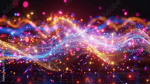A colorful, swirling pattern of lights and dots. The colors are bright and vibrant, creating a sense of energy and excitement. The pattern seems to be moving and changing