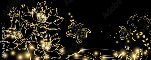 Golden botany banner. Japanese style Hand drawn vector. Line art style design. Oriental Chinese and Japanese style abstract background design with butterfly and insect decorate in gold color texture.