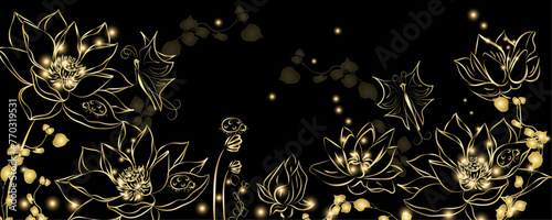 Golden botany banner. Japanese style Hand drawn vector. Line art style design. Oriental Chinese and Japanese style abstract background design with butterfly and insect decorate in gold color texture.