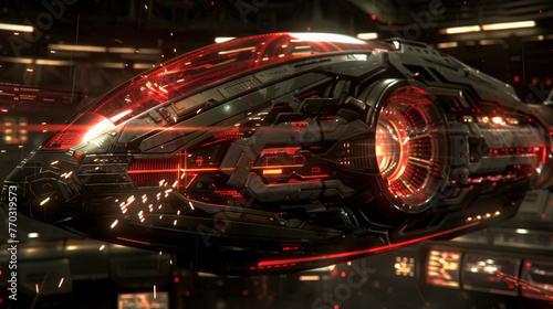 A futuristic space ship with a red and black design. The ship is surrounded by a lot of sparks and fire, giving it a sense of danger and excitement