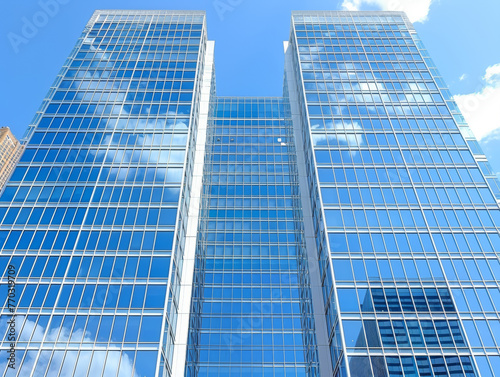 The two tall buildings are made of glass and are reflecting the blue sky