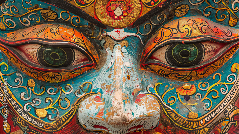Macro shot emphasizing the intense gaze and elaborate detail in the eyes of a handcrafted Bhutanese mask