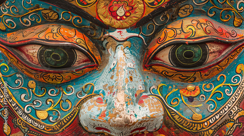 Macro shot emphasizing the intense gaze and elaborate detail in the eyes of a handcrafted Bhutanese mask