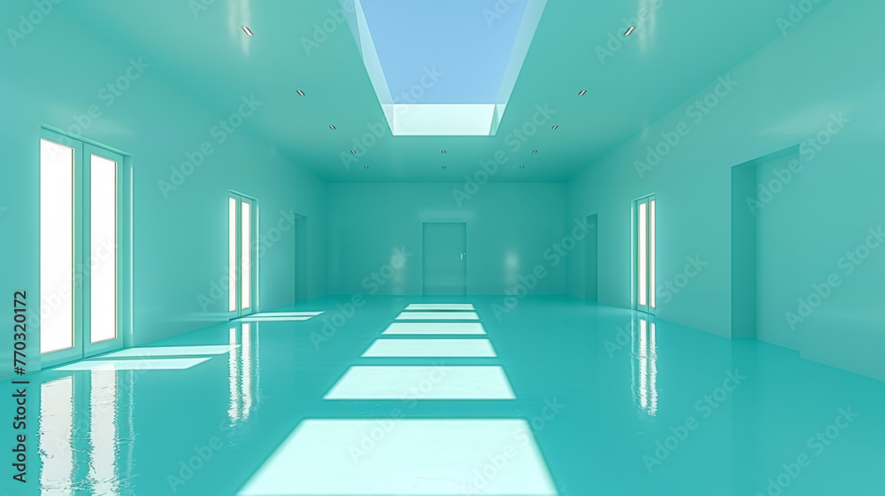 A large, empty room with a blue ceiling and floor. The room is very bright and spacious, with a lot of natural light coming in through the windows. The blue color of the room gives it a calming