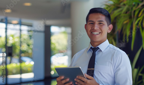 happy young latin business man executive holding tablet © Ilham
