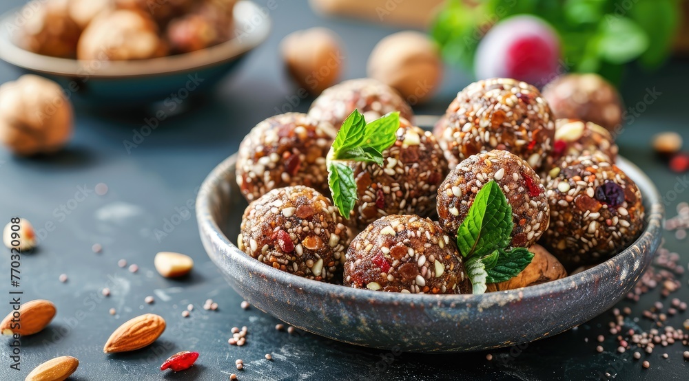 Healthy energy balls made of dried fruits and nuts healthy food.