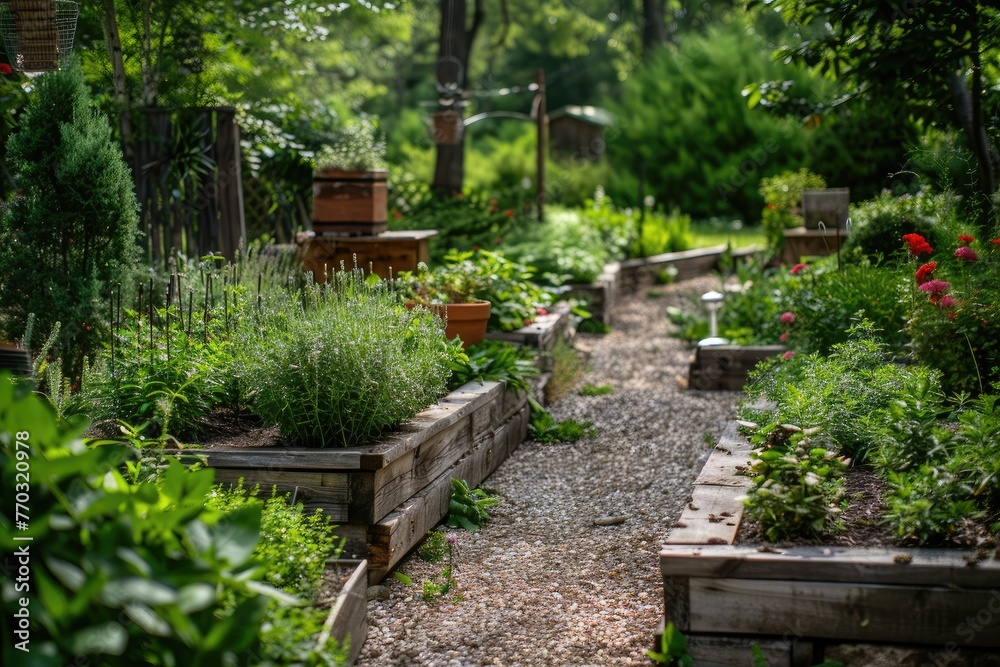Wooden raised beds neatly arranged with rows of aromatic herbs. Wooden raised beds neatly arranged with rows of aromatic herbs.