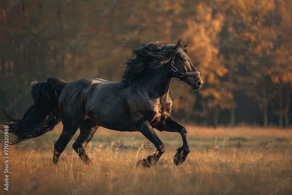 A majestic Friesian horse trotting gracefully across a sunlit pasture. A majestic Friesian horse trotting gracefully across a sunlit pasture.
