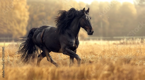 A majestic Friesian horse trotting gracefully across a sunlit pasture. © kardaska