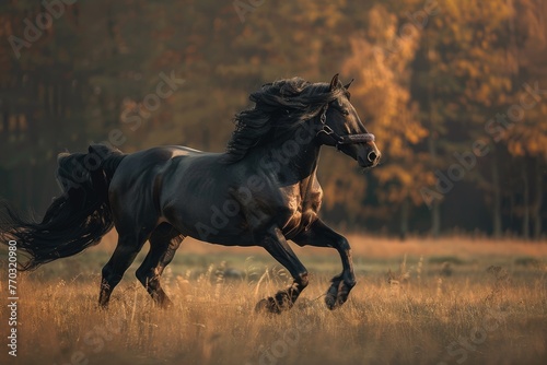 A majestic Friesian horse trotting gracefully across a sunlit pasture. © kardaska