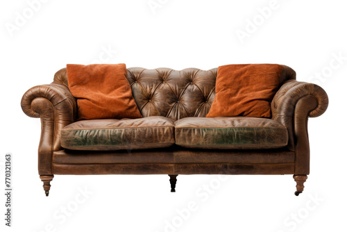Brown Leather Couch With Orange Pillows. On a White or Clear Surface PNG Transparent Background.
