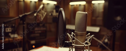 a microphone in a recording studio with some music equipment photo