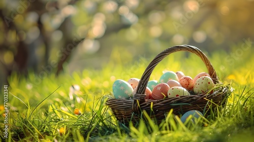 happy easter , Basket of easter eggs on green grass at sunny day. easter eggs concept, Basket of easter eggs on green grass at sunny day 