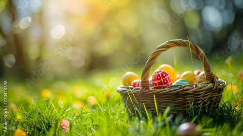 happy easter , Basket of easter eggs on green grass at sunny day. easter eggs concept, Basket of easter eggs on green grass at sunny day ai generated 